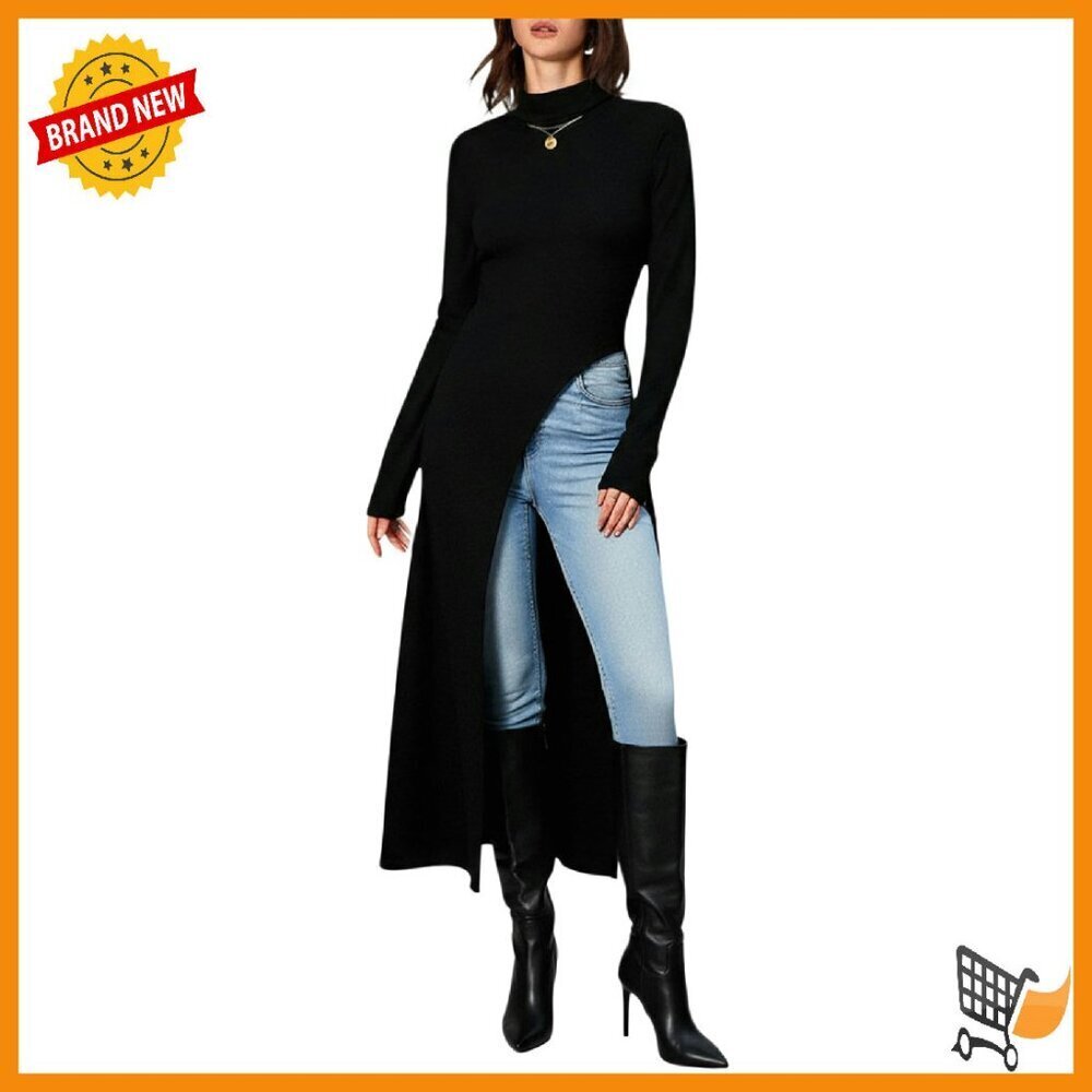 Women's Turtleneck Long Sleeve Split Hem Asymmetrical Top